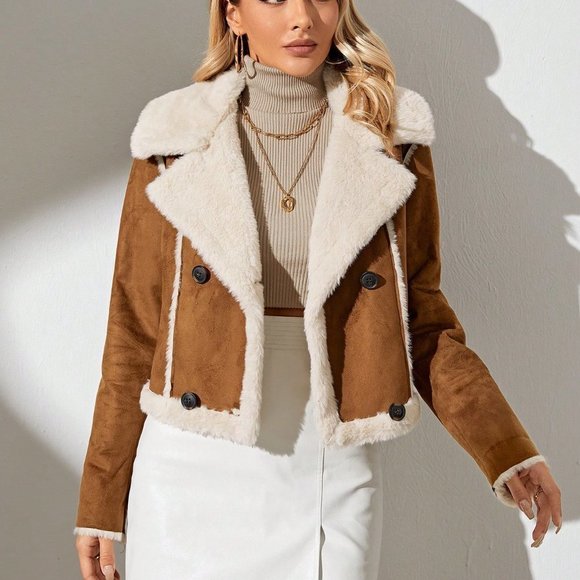 Camel Casual Womens Teddy Lined Double Breasted Faux Suede Jacket - Picture 5 of 5